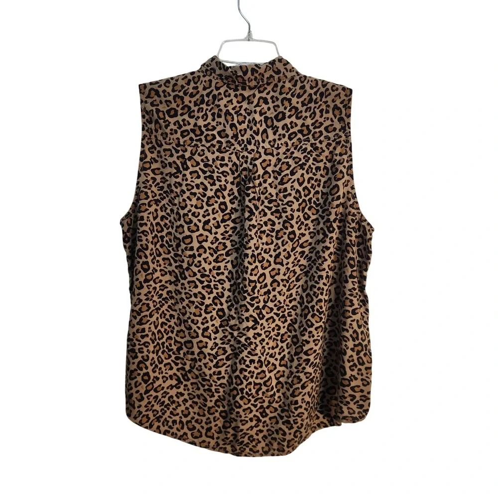 Beach lunch lounge Leopard Print Sleeveless Tie Front Button Down Top XL Brown - Picture 4 of 8